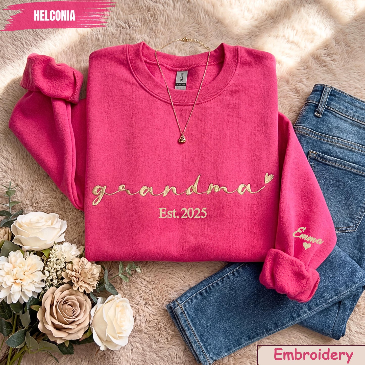 Custom Grandma Embroidered  Sweatshirt with Kids Name on Sleeve- New Mom Grandmother gift