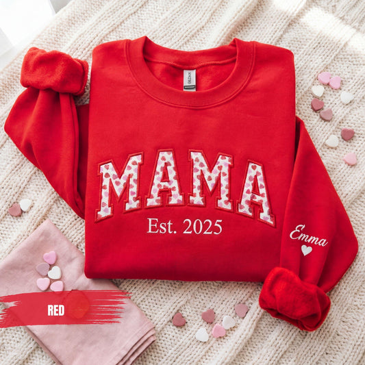 Custom Embroidered Mama Heart Sweatshirt, Personalized Kids Names Sleeve