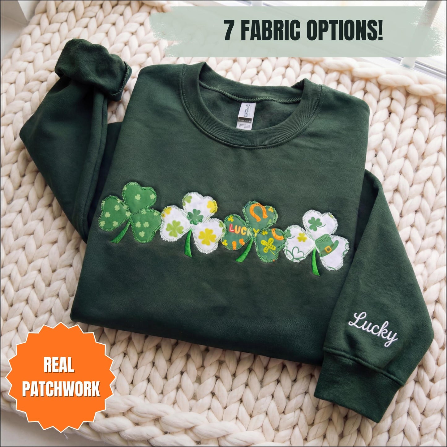Embroidered St Patricks Day Sweatshirt: Lucky Clover Patchwork