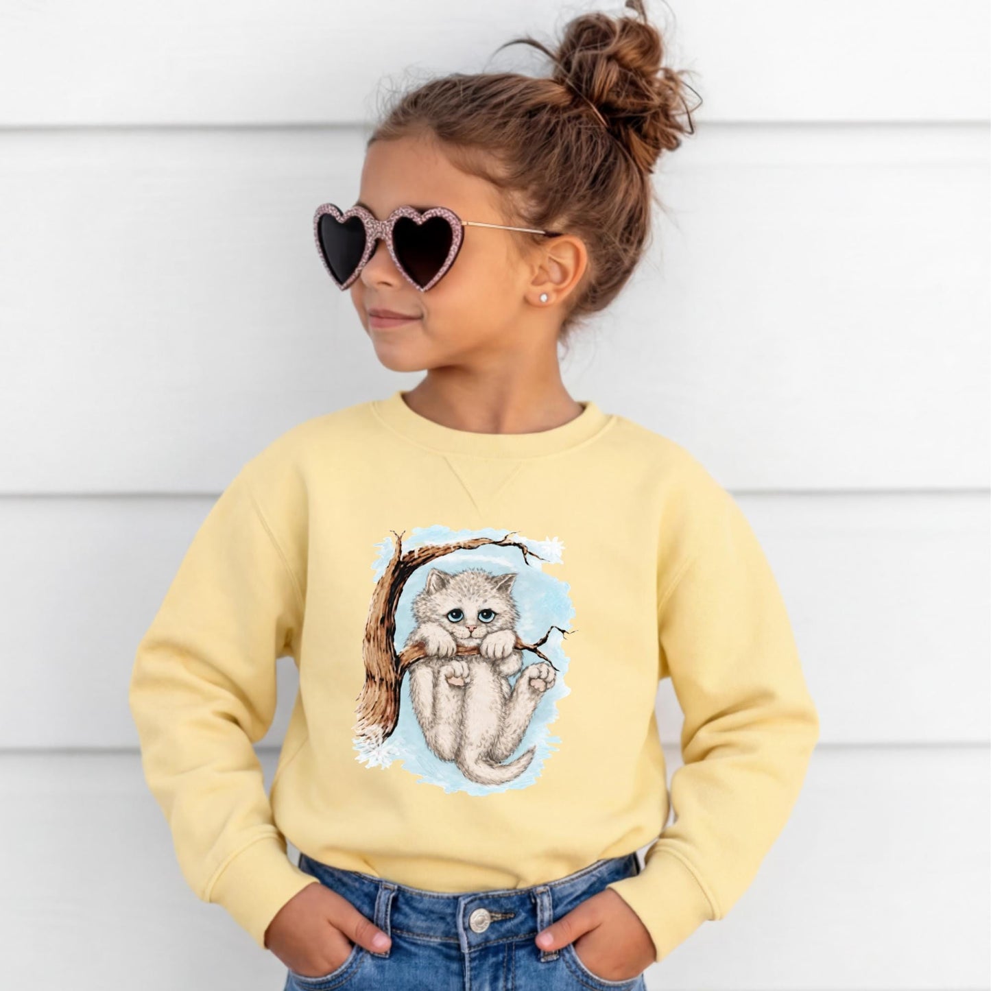 Custom Opalite Kids Winter Kitten In Snow holding Tree Crewneck distressed Cat Yellow Children Opalite School Unisex adult Sweatshirt gift