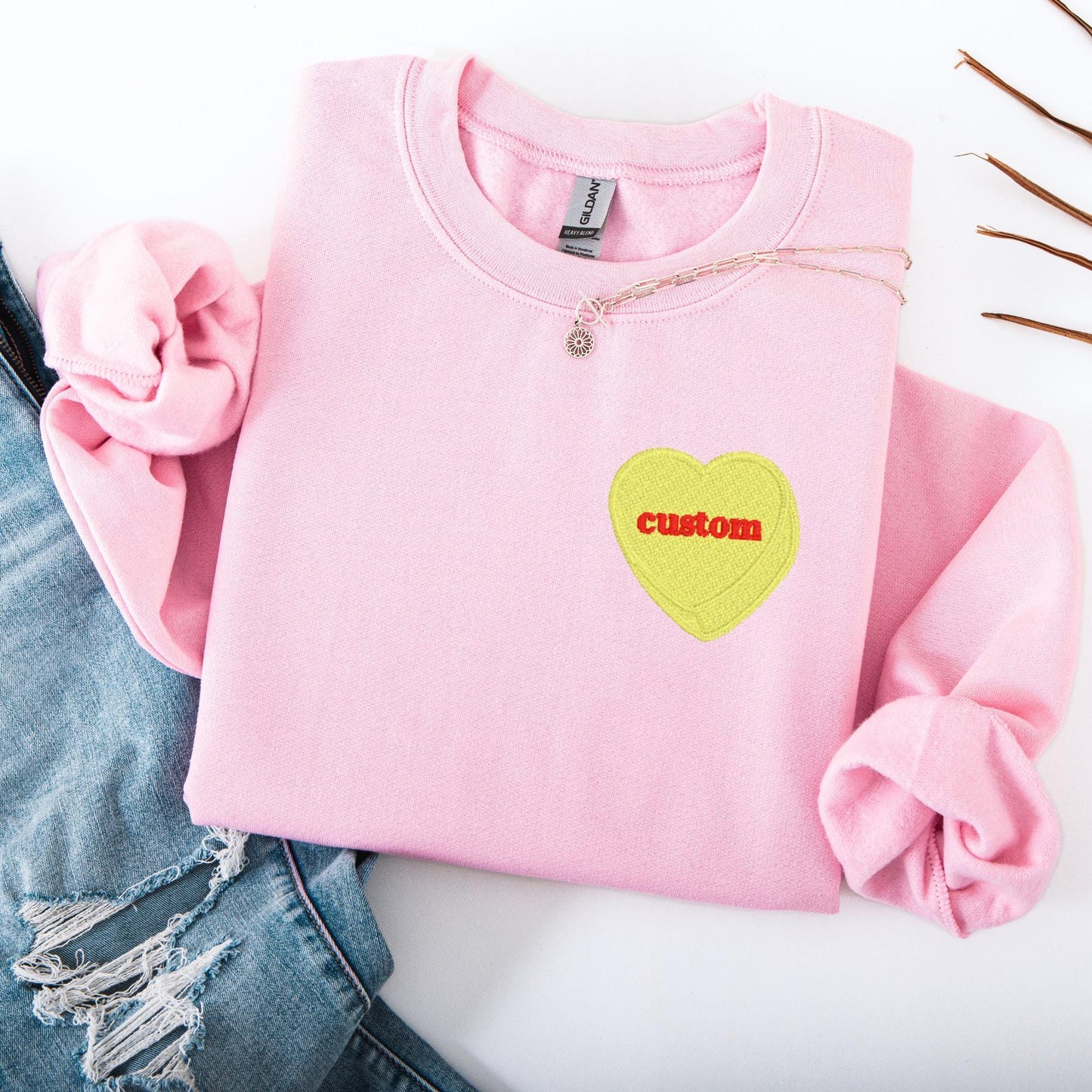 Embroidered Candy Heart Sweatshirt: Custom Text Unisex Crewneck Shirt