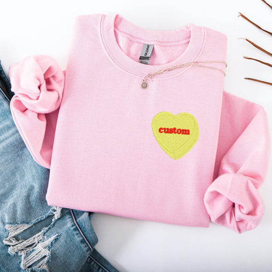 Custom Candy Heart with Text Embroidered  3D Heart Kids Unisex Crewneck T Shirt Sweatshirt