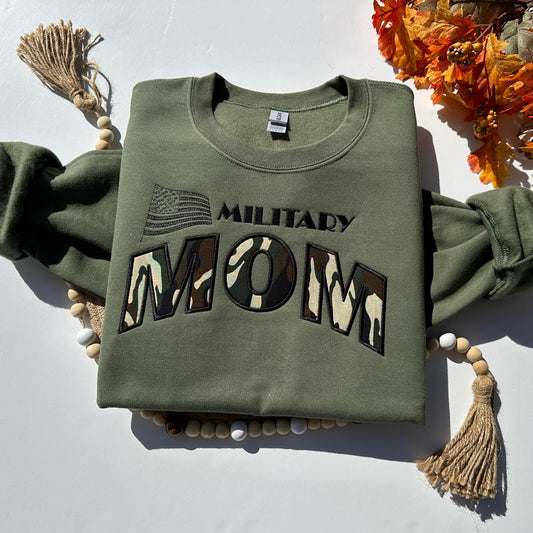 Personalized Military Mom Sweatshirt: Embroidered Camo Appliqué, Unisex Crewneck