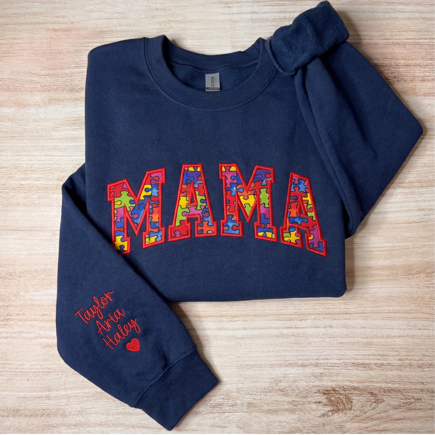 Custom Mama Autism Embroidered Sweatshirt With Kids Names On Sleeve (Est. 2023)