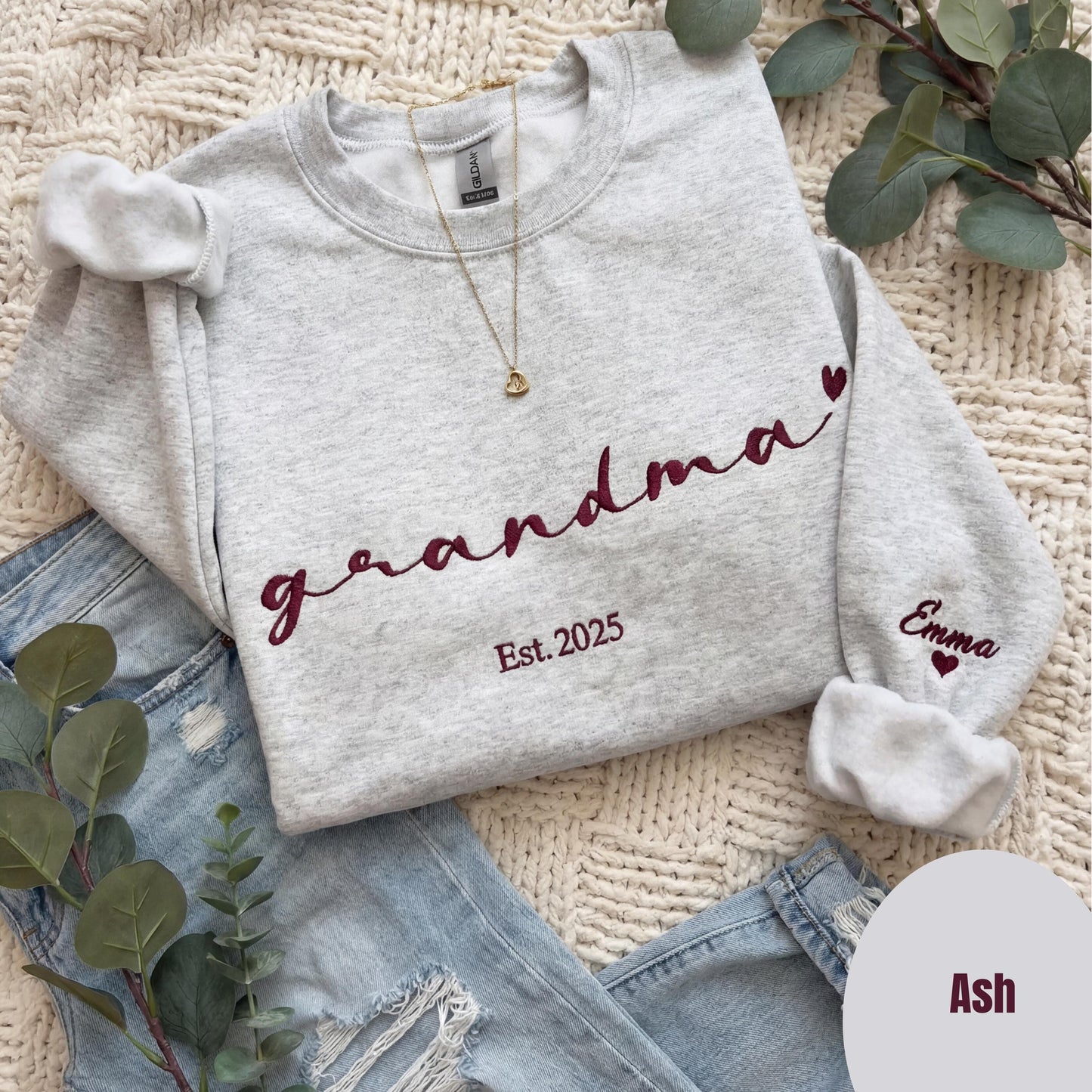 Custom Grandma Embroidered  Sweatshirt with Kids Name on Sleeve- New Mom Grandmother gift