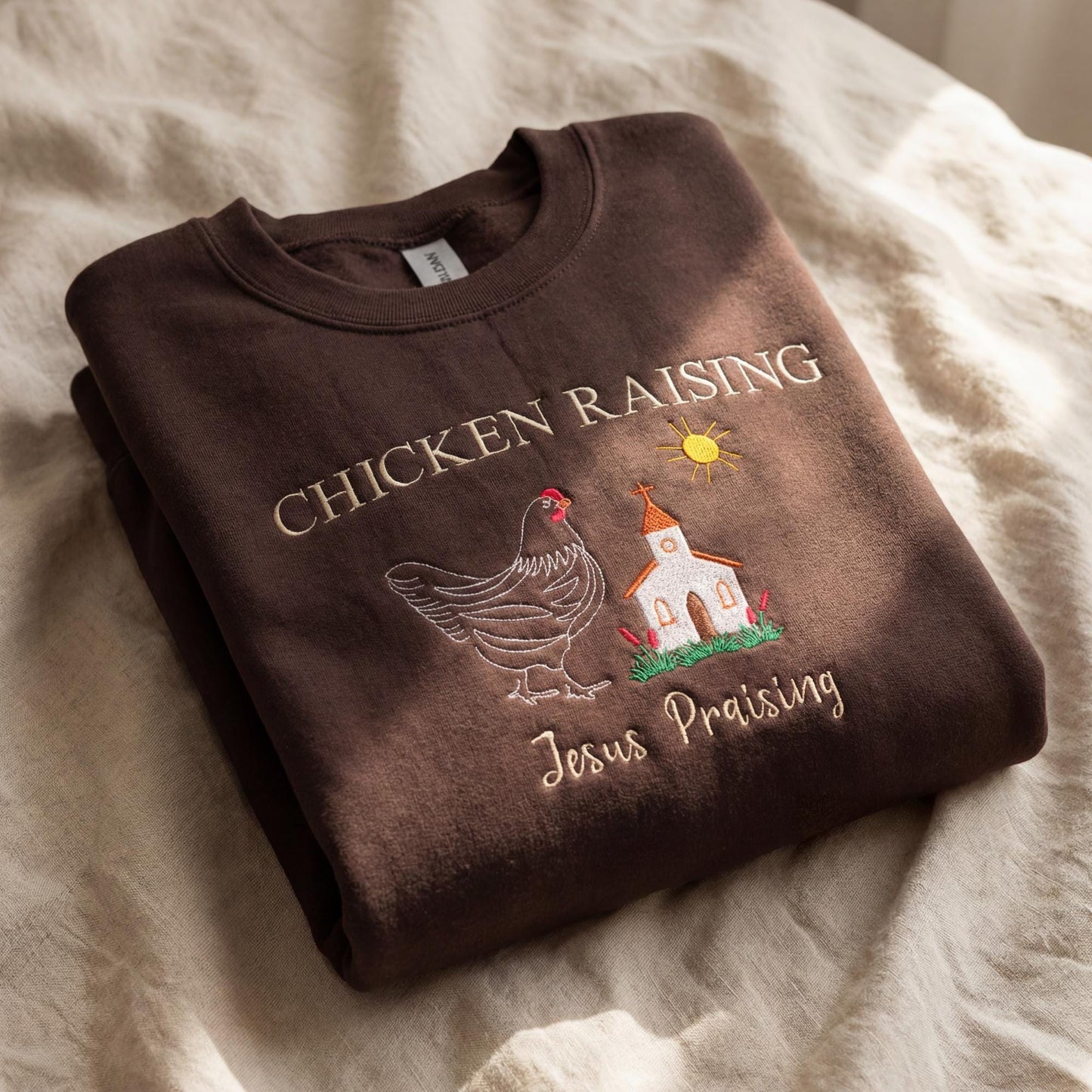 Embroidered Chicken Raising Jesus Praising Sweatshirt, Christian Farmer Crewneck Sweater