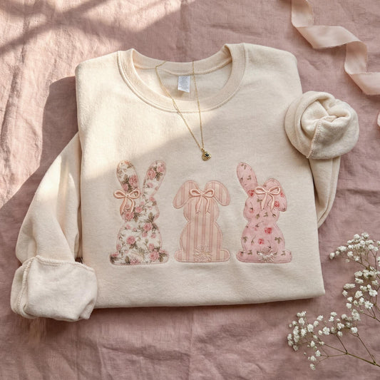 Patchwork Easter Bunny Embroidered Crewneck Sweatshirt – Vintage Pastel Floral Applique Spring Shirt