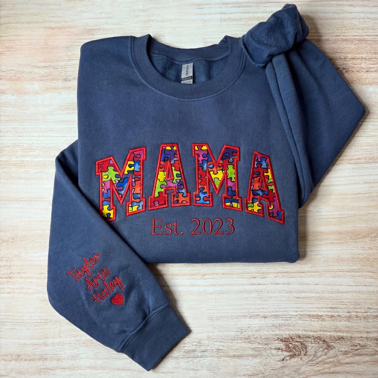Custom Mama Autism Embroidered Sweatshirt With Kids Names On Sleeve (Est. 2023)