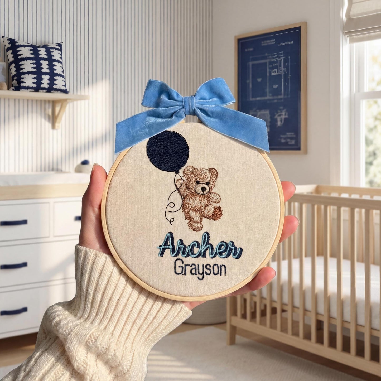 Baby Announcement Name Sign with Teddy Bear and Balloon Embroidered Nursery Wall Decor Pregnancy Reveal Gift Baby Boy Name Announcement