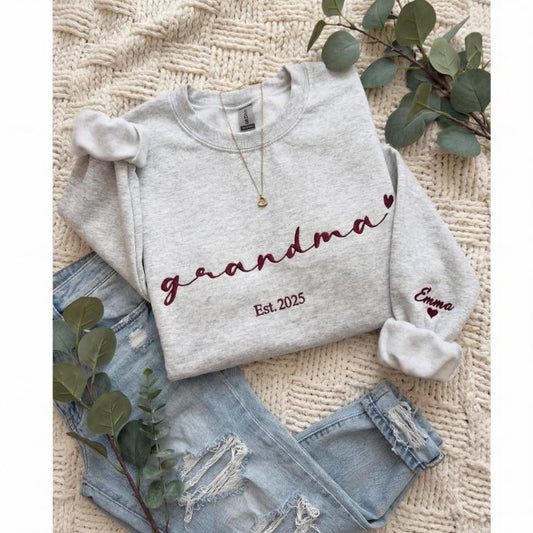 Personalized Grandma Sweatshirt, Custom Name Sleeve Embroidery, Est. Year Mama Apparel