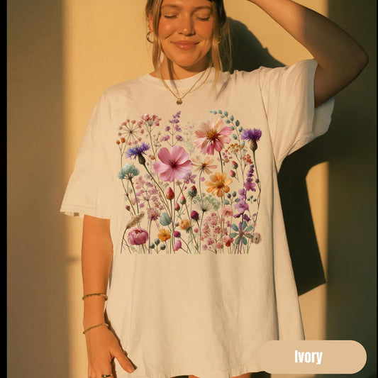Vintage Wildflower Spring Floral Comfort Color Pressed Flowers Cottage core Boho Botanical Floral T-shirt Wildflowers Spring, Gardener Gift