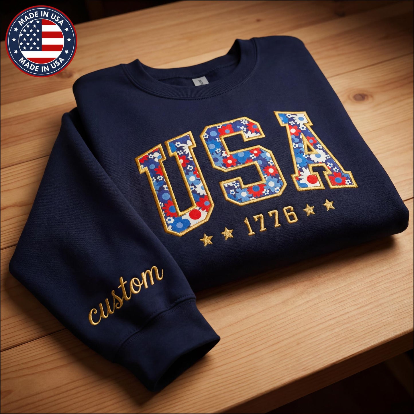 Custom USA Floral Varsity Embroidered Crewneck Sweatshirt – 4th of July USA flag patriotic shirtq