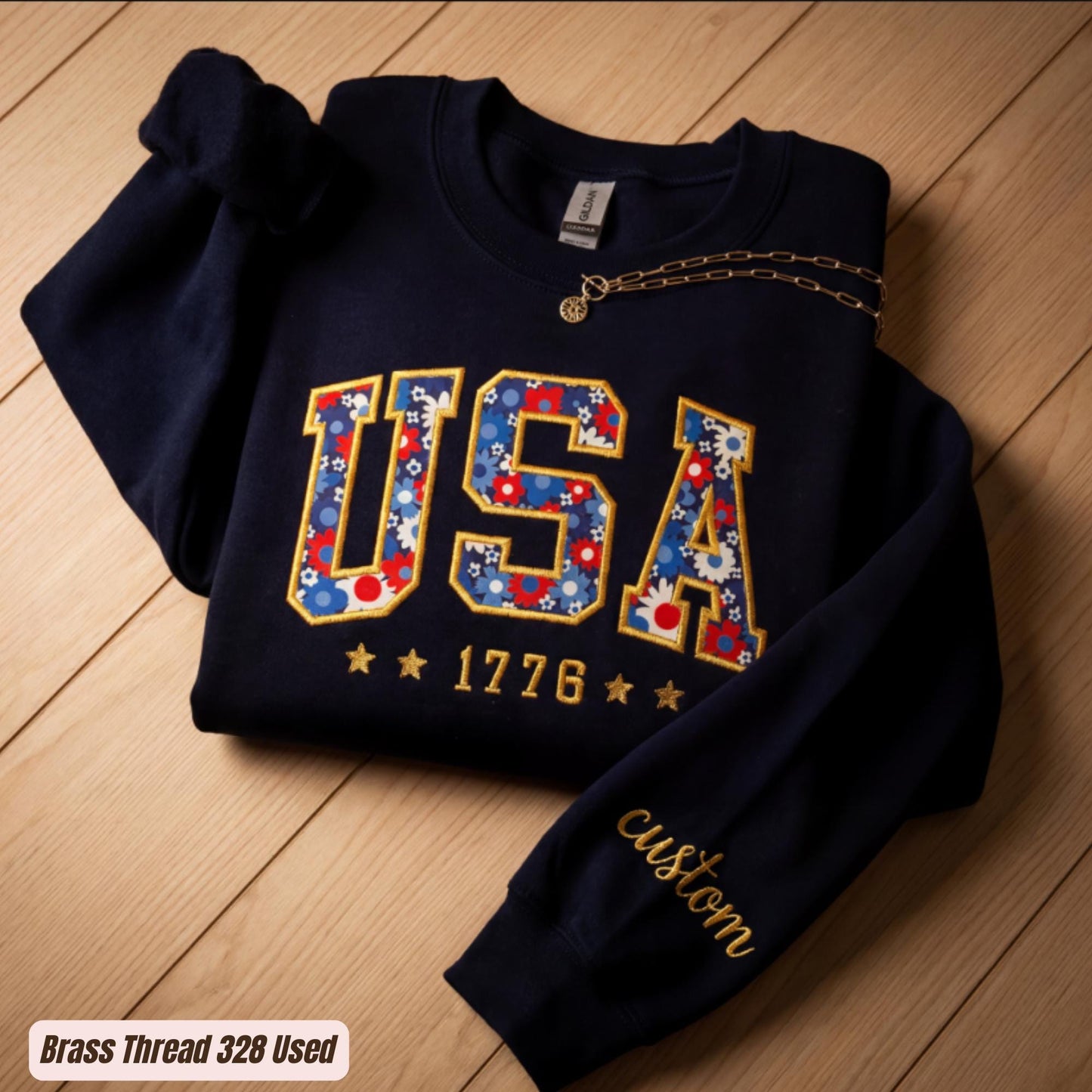 Custom USA Floral Varsity Embroidered Crewneck Sweatshirt – 4th of July USA flag patriotic shirtq