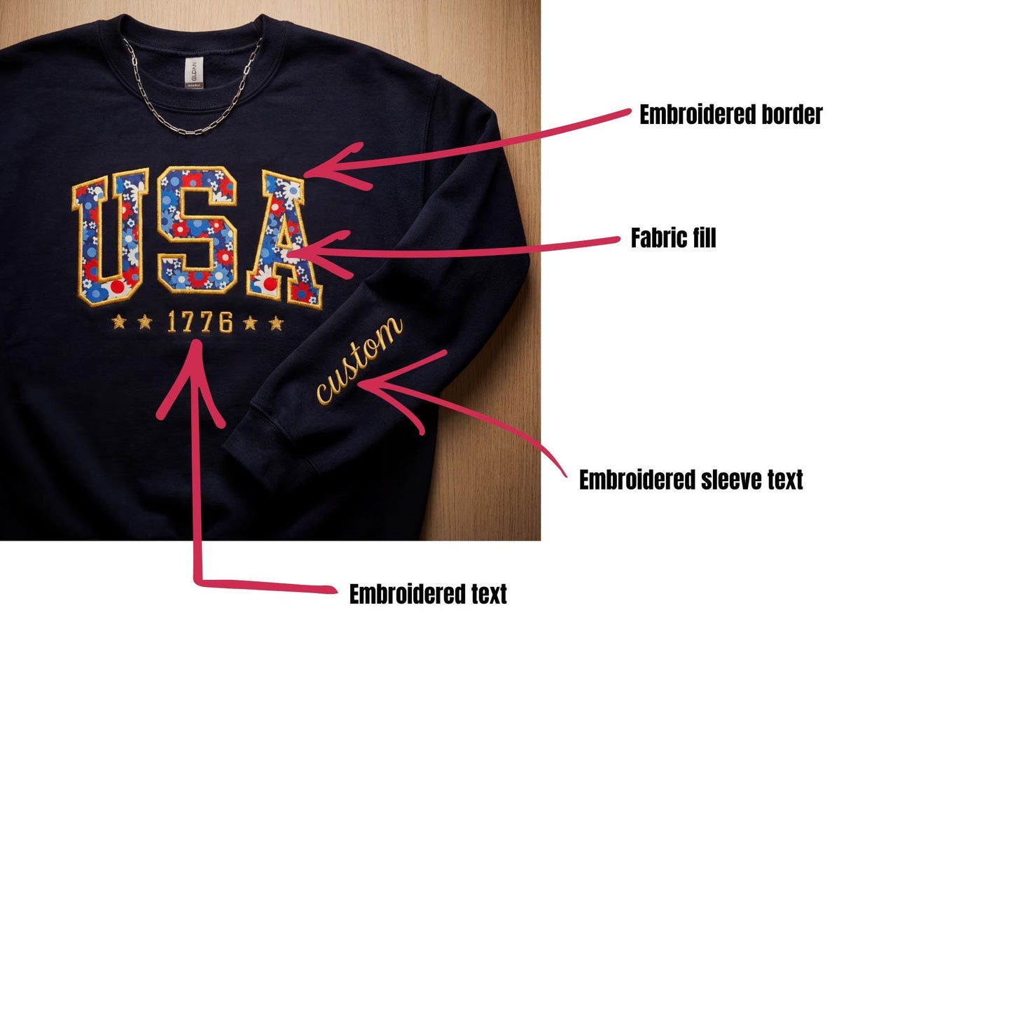 Custom USA 1776 Floral Applique Sweatshirt, Embroidered Patriot Fourth of July Name Sleeve