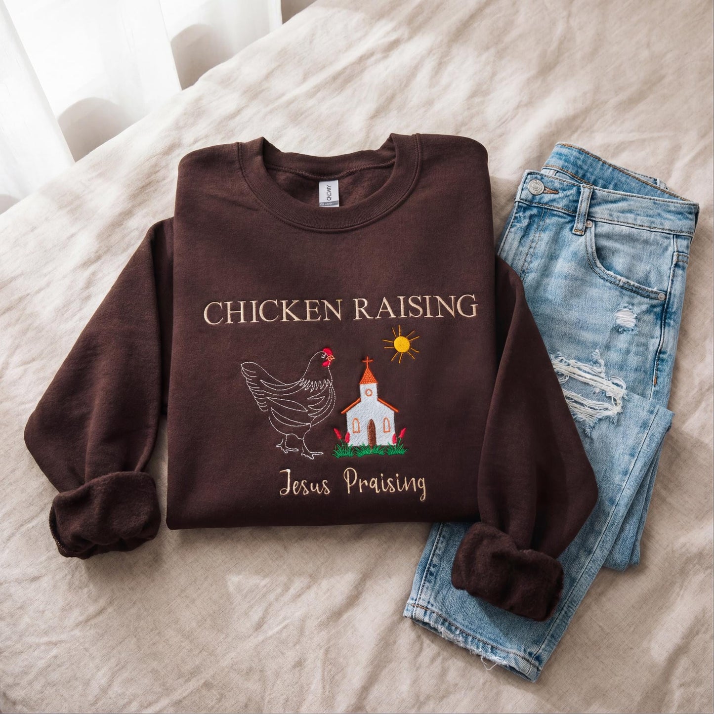 Embroidered Chicken Raising Jesus Praising Sweatshirt, Christian Farmer Crewneck Sweater