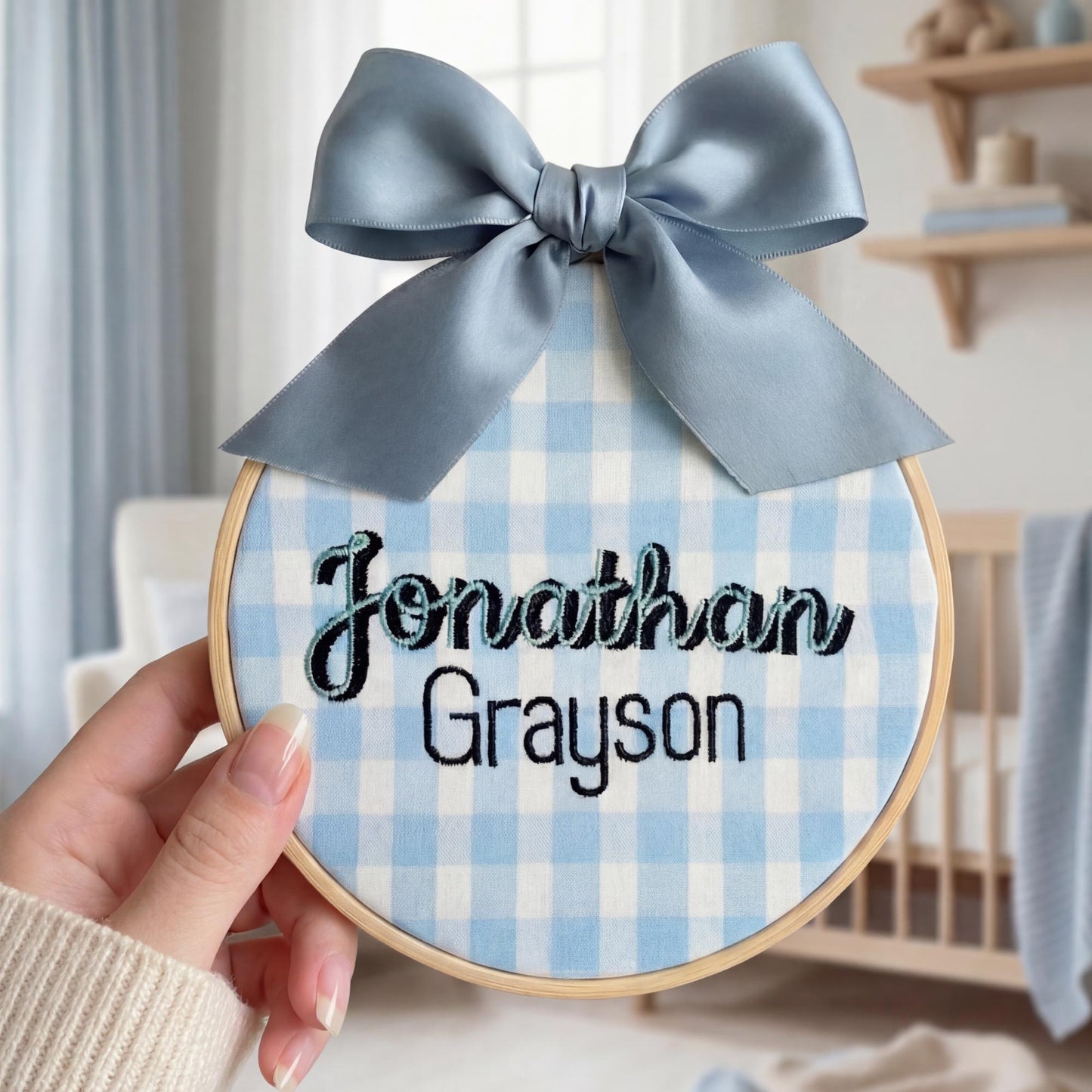 Baby Name Announcement Sign Embroidered | Baby Boy Stripe Arrival Hoop | Custom Newborn Name Sign | Nursery Decor Door Hanger